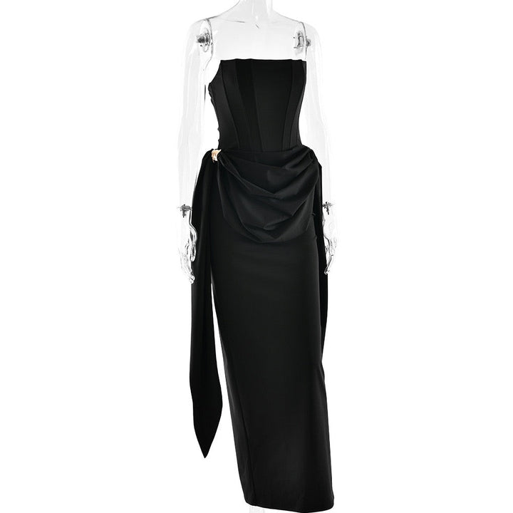 Maxi strapless dress with corset and pleats with buckle decoration - Felice
