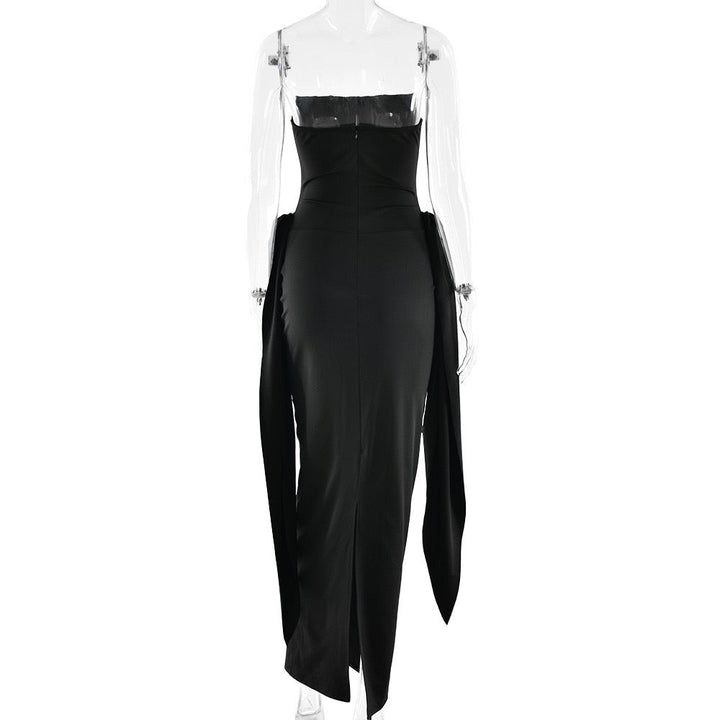 Maxi strapless dress with corset and pleats with buckle decoration - Felice