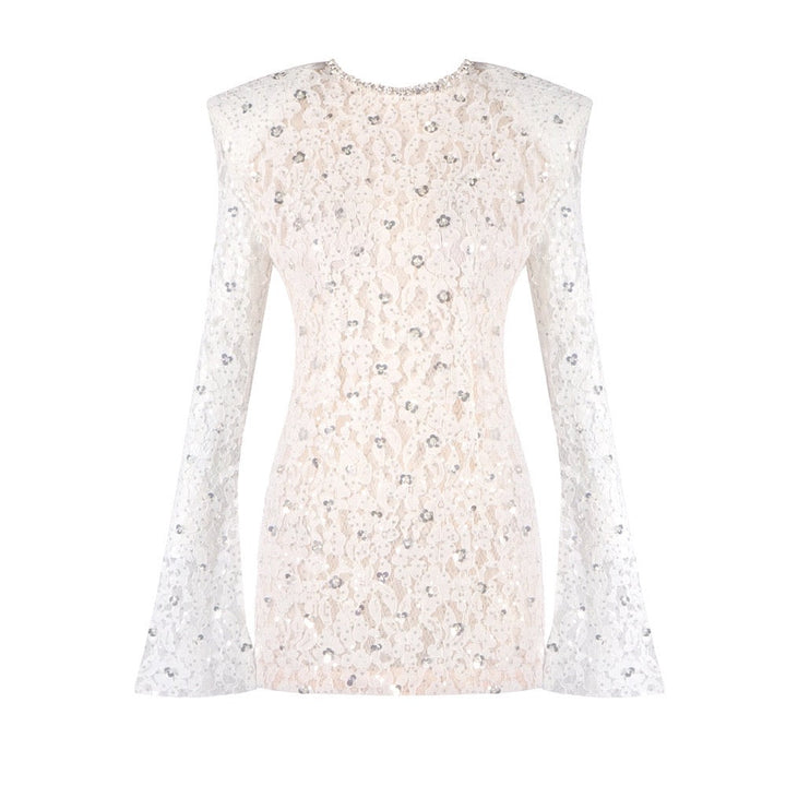 Lace mini dress with sequin and rhinestone embellishments and a chiffon train - MAXIMA