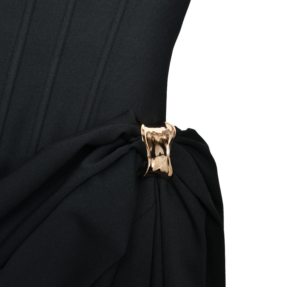 Maxi strapless dress with corset and pleats with buckle decoration - Felice