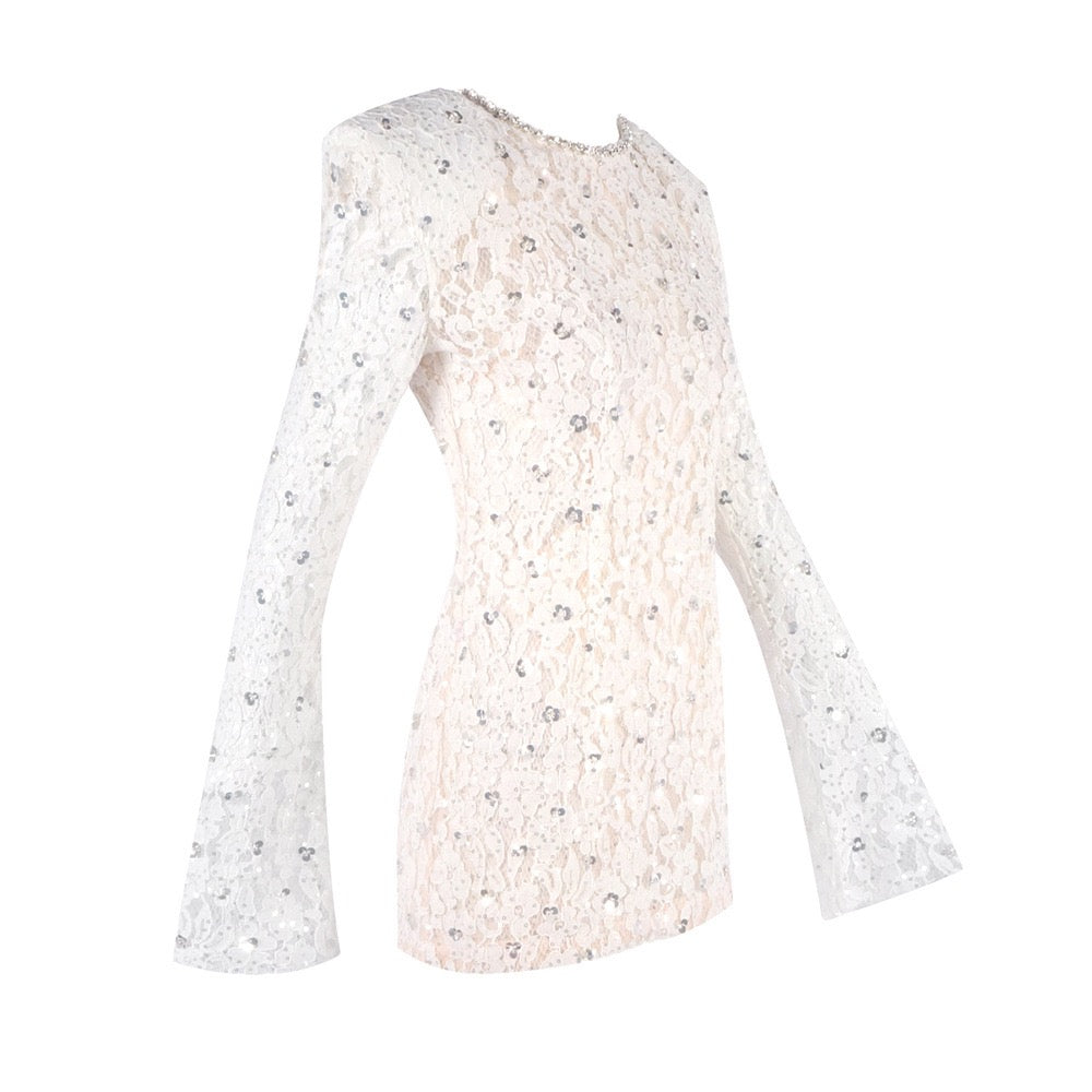 Lace mini dress with sequin and rhinestone embellishments and a chiffon train - MAXIMA