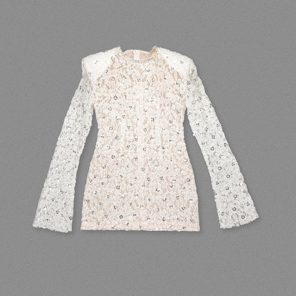 Lace mini dress with sequin and rhinestone embellishments and a chiffon train - MAXIMA