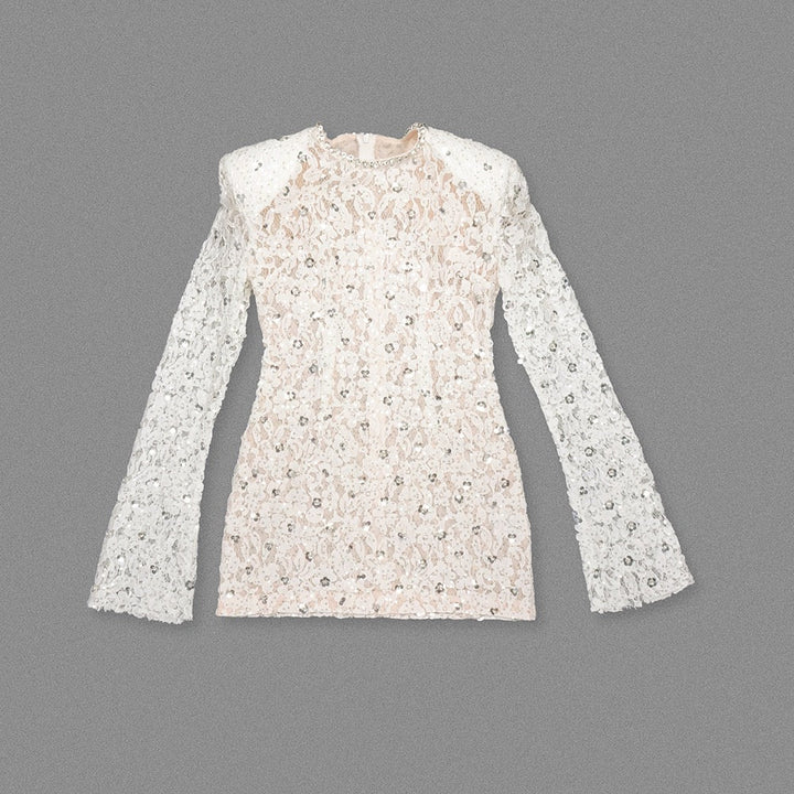 Lace mini dress with sequin and rhinestone embellishments and a chiffon train - MAXIMA