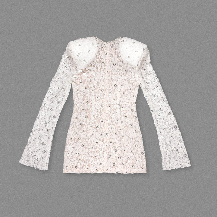 Lace mini dress with sequin and rhinestone embellishments and a chiffon train - MAXIMA