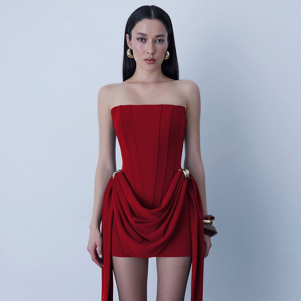 Mini strapless dress with corset and pleats with buckle decoration - Julie