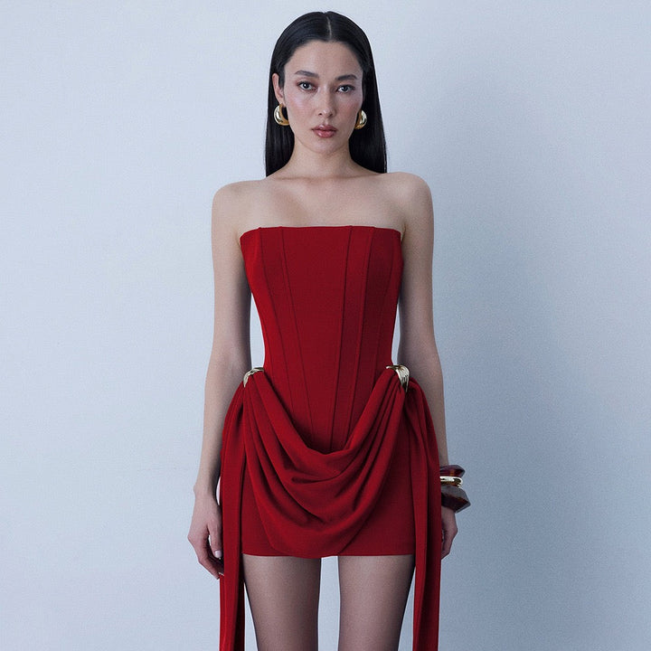 Mini strapless dress with corset and pleats with buckle decoration - Julie