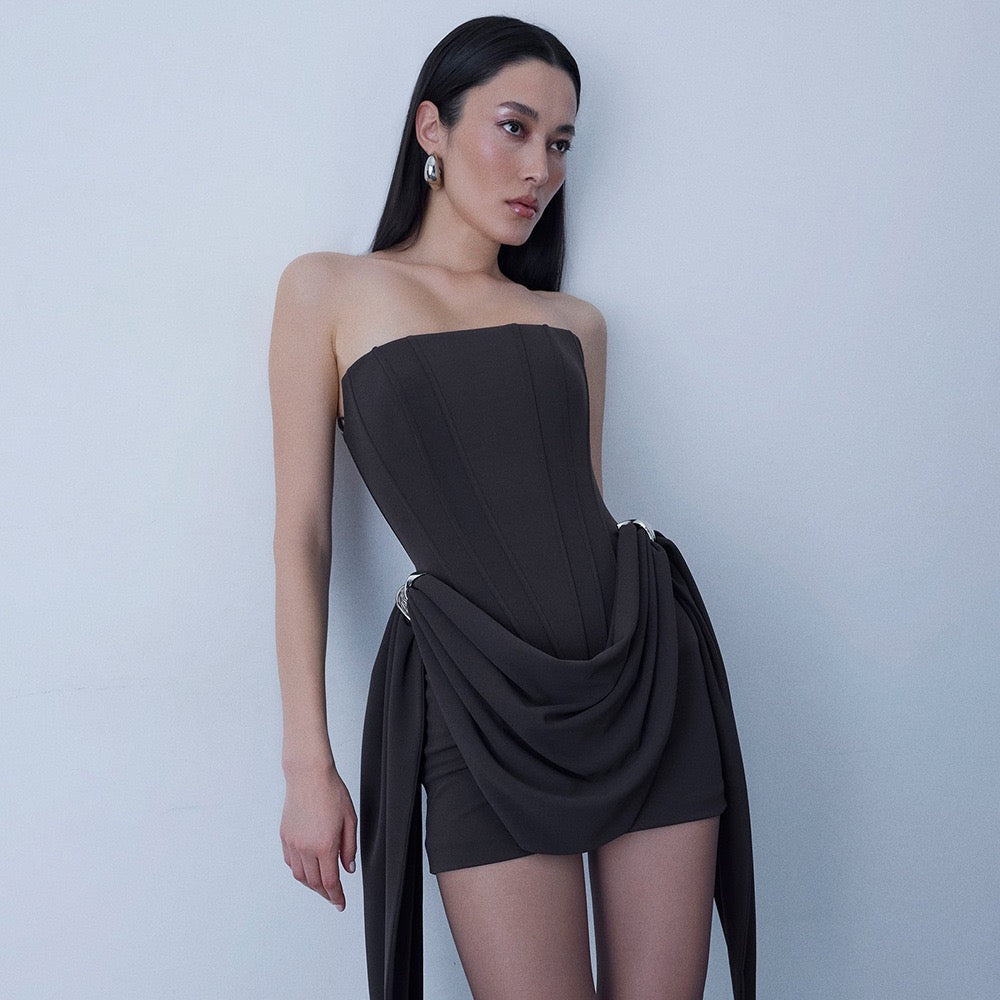 Mini strapless dress with corset and pleats with buckle decoration - Julie