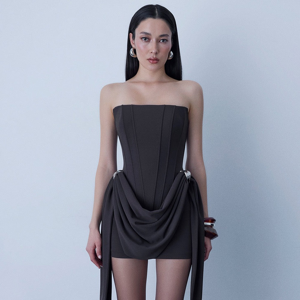 Mini strapless dress with corset and pleats with buckle decoration - Julie