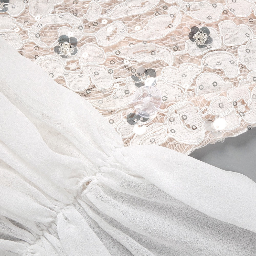 Lace mini dress with sequin and rhinestone embellishments and a chiffon train - MAXIMA