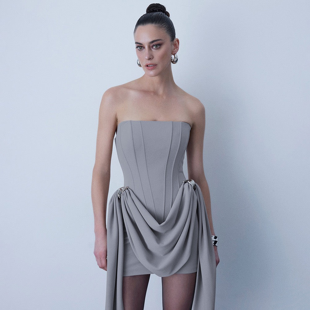 Mini strapless dress with corset and pleats with buckle decoration - Julie