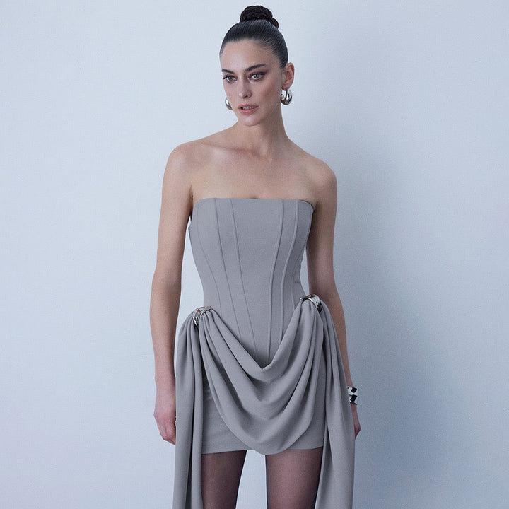 Mini strapless dress with corset and pleats with buckle decoration - Julie