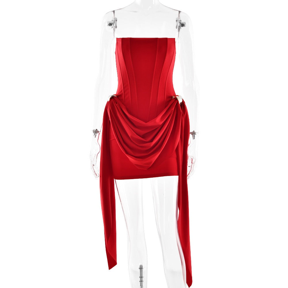 Mini strapless dress with corset and pleats with buckle decoration - Julie