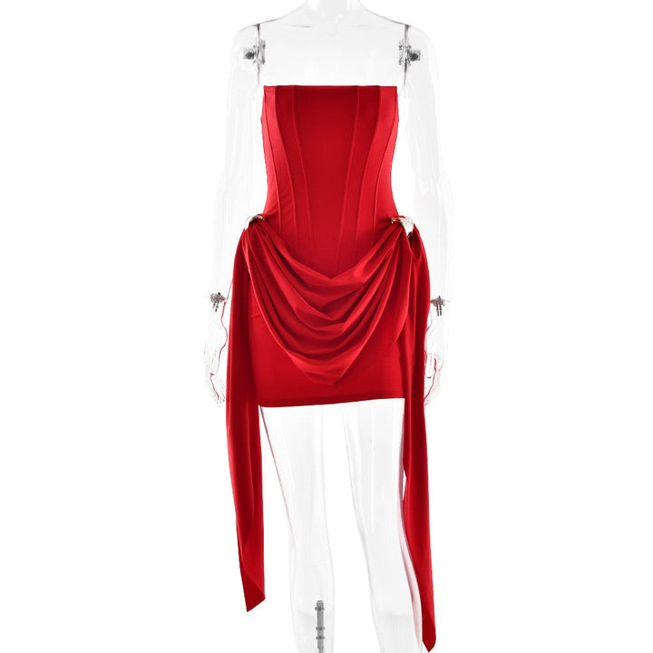 Mini strapless dress with corset and pleats with buckle decoration - Julie