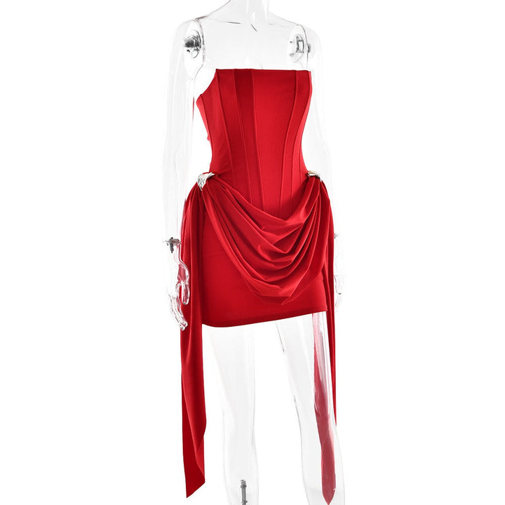 Mini strapless dress with corset and pleats with buckle decoration - Julie
