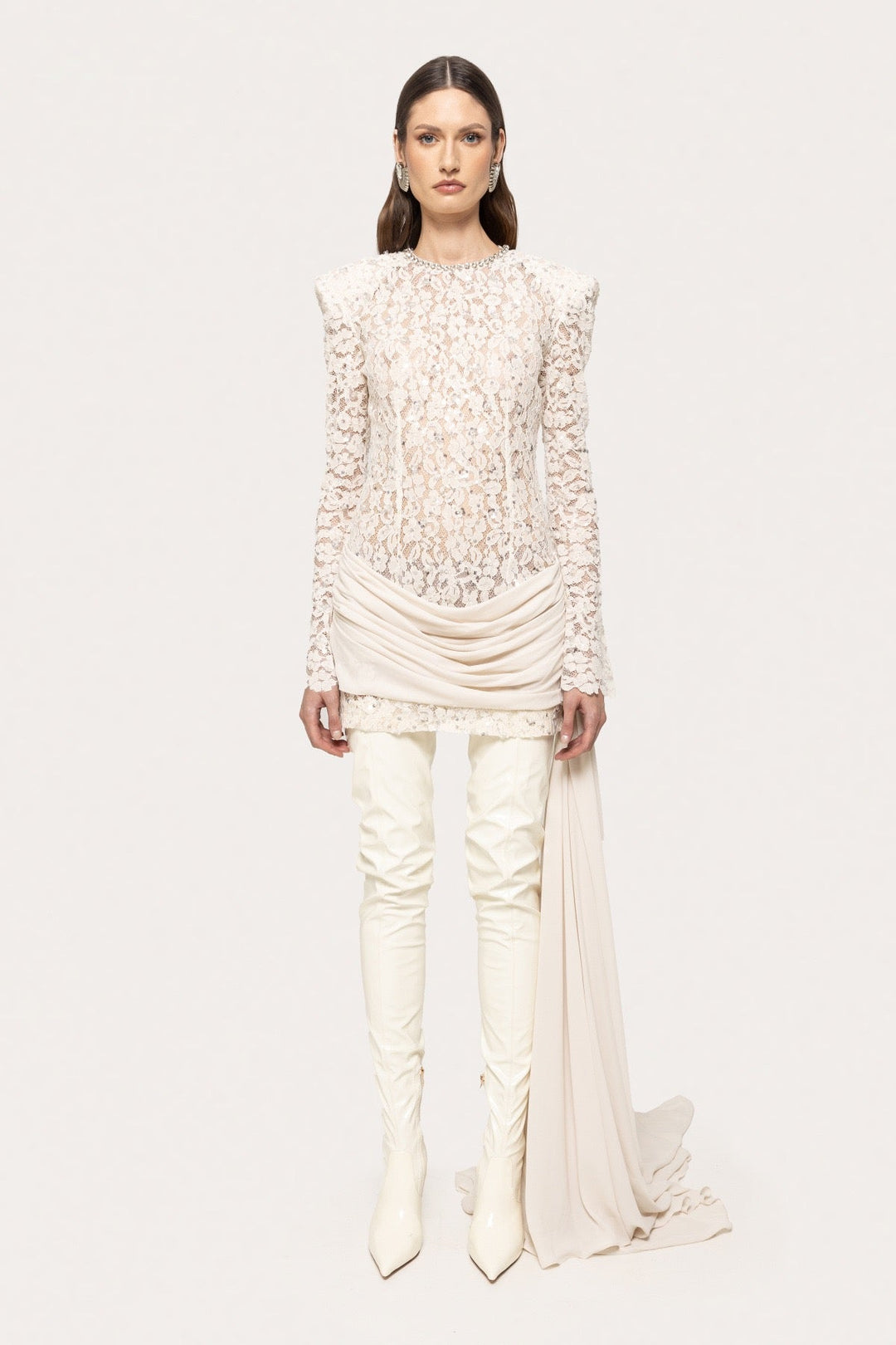 Lace mini dress with sequin and rhinestone embellishments and a chiffon train - MAXIMA