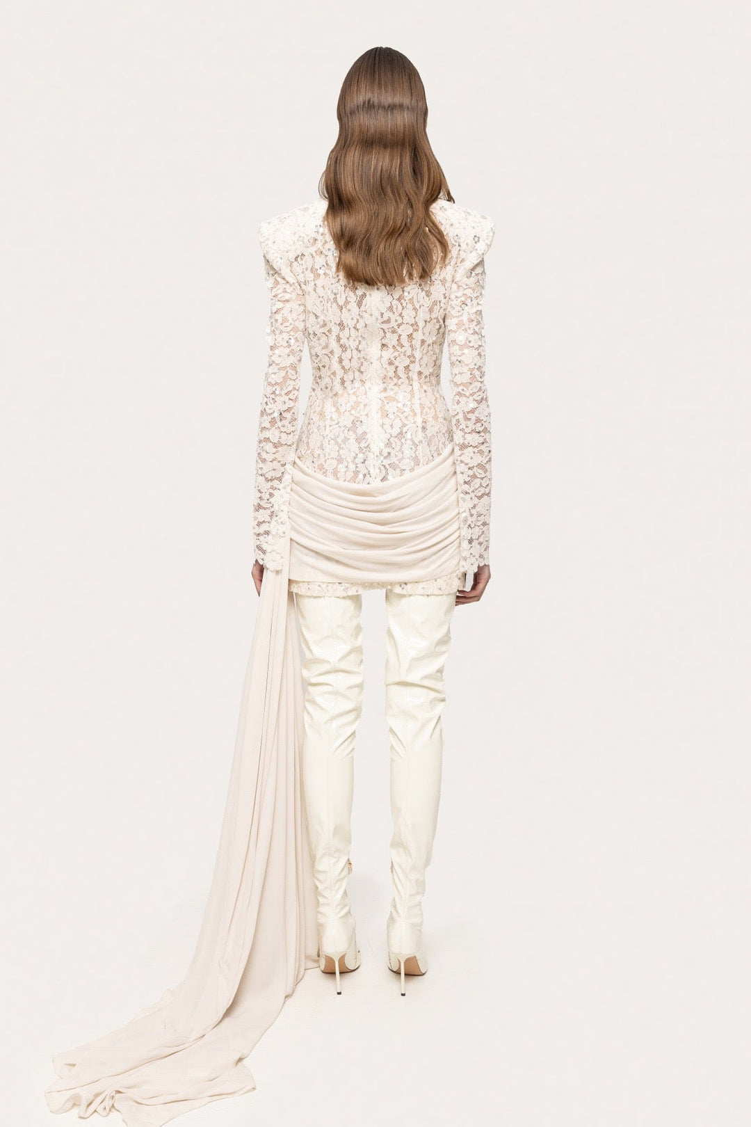 Lace mini dress with sequin and rhinestone embellishments and a chiffon train - MAXIMA