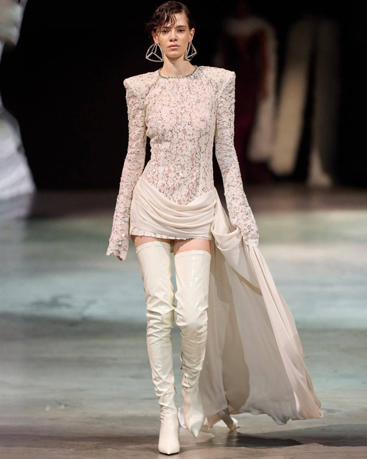 Lace mini dress with sequin and rhinestone embellishments and a chiffon train - MAXIMA