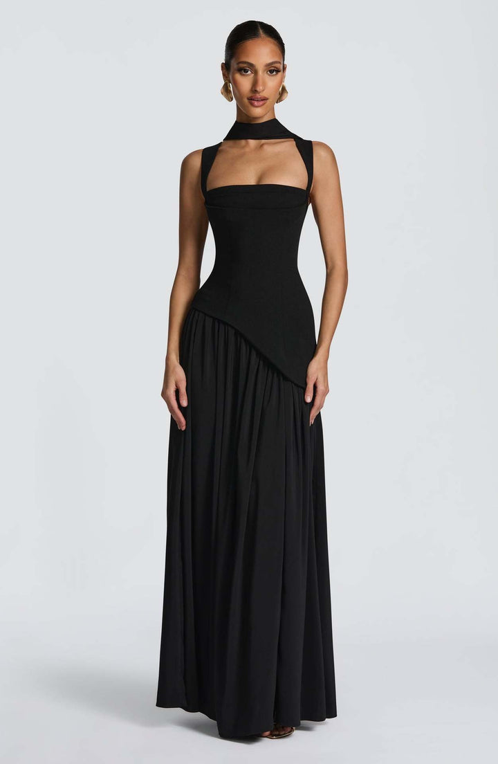 Maxi dress with back tie for waist fitting and chiffon with slit and scarf decoration - Tova