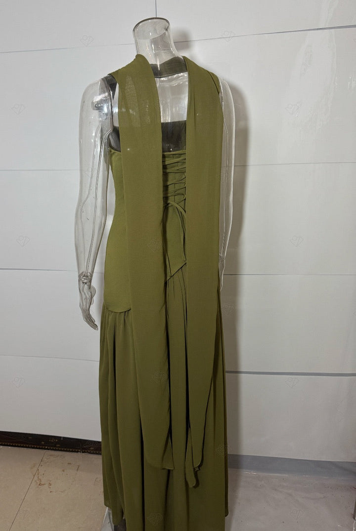 Maxi dress with back tie for waist fitting and chiffon with slit and scarf decoration - Tova