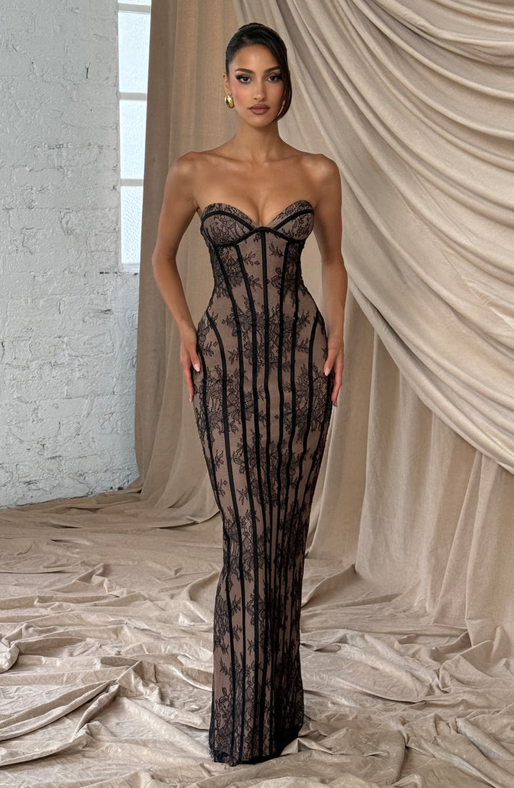 Maxi Strapless Lace Dress with Back Tie Waist Fit - TERRA
