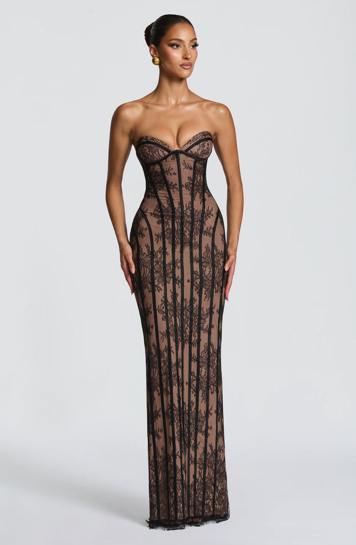 Maxi Strapless Lace Dress with Back Tie Waist Fit - TERRA