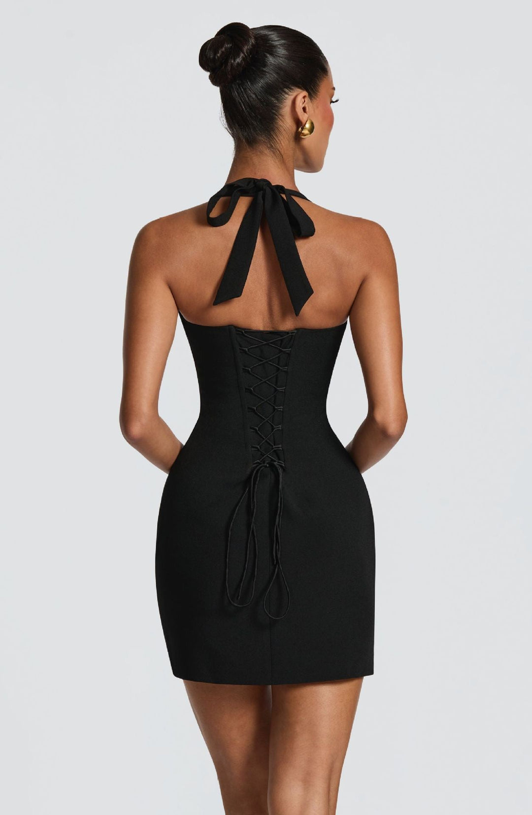 Fitted mini dress with lace embellishment, neck tie, and open back – KYLA