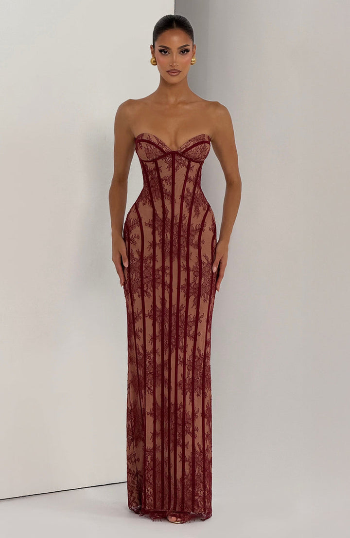 Maxi Strapless Lace Dress with Back Tie Waist Fit - TERRA