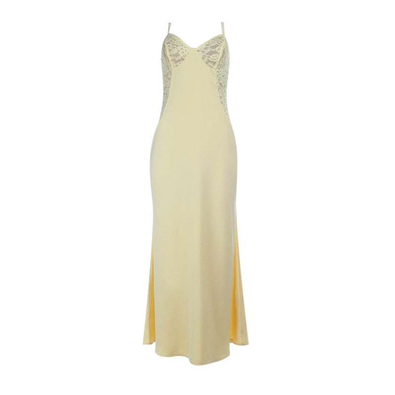 Satin maxi dress with a slit and lace - Mariana