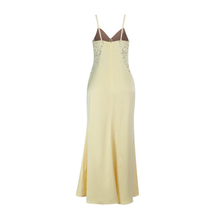 Satin maxi dress with a slit and lace - Mariana