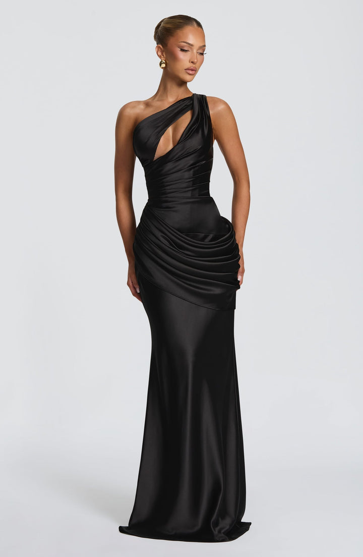 שמלת מקסי סאטן אלגנטית גב פתוח בעיצוב קיפולים - LINOR