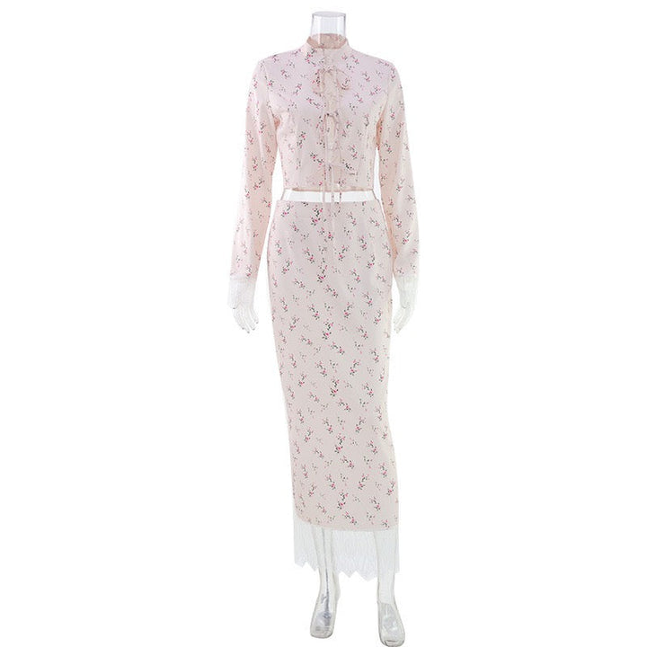 Two-piece satin set with a maxi skirt and a tie-front lace-trimmed top - Gili
