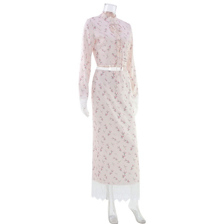Two-piece satin set with a maxi skirt and a tie-front lace-trimmed top - Gili