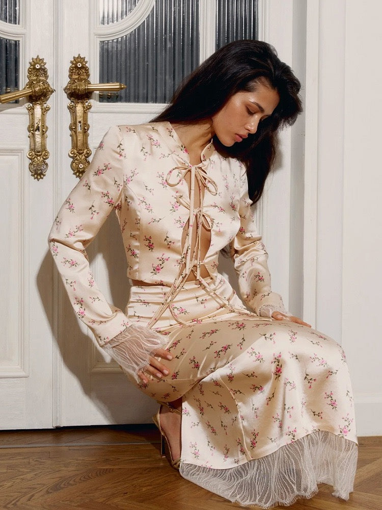 Two-piece satin set with a maxi skirt and a tie-front lace-trimmed top - Gili