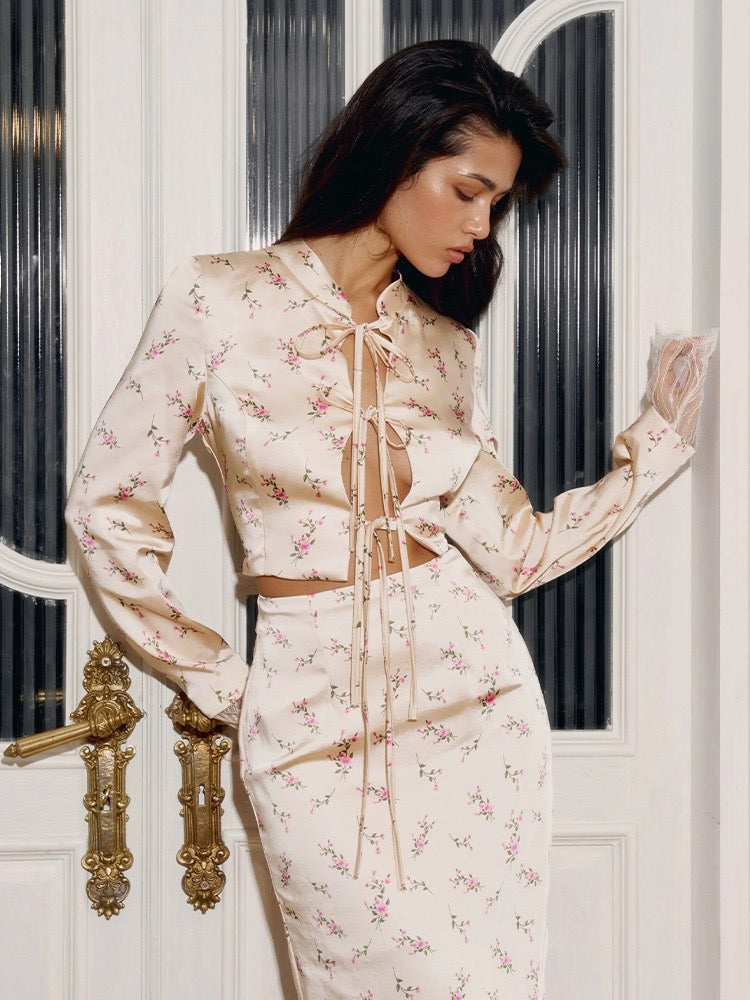 Two-piece satin set with a maxi skirt and a tie-front lace-trimmed top - Gili