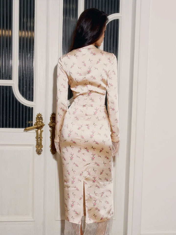 Two-piece satin set with a maxi skirt and a tie-front lace-trimmed top - Gili