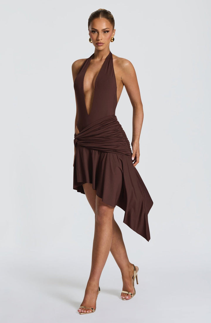 Lorenza - Two-piece set with a halter-tie bodysuit, open back, and asymmetrical skirt