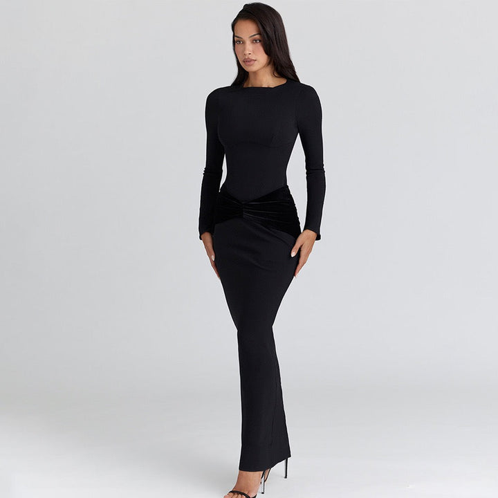 Maxi Dress with Velvet Ruching Decoration - Sela