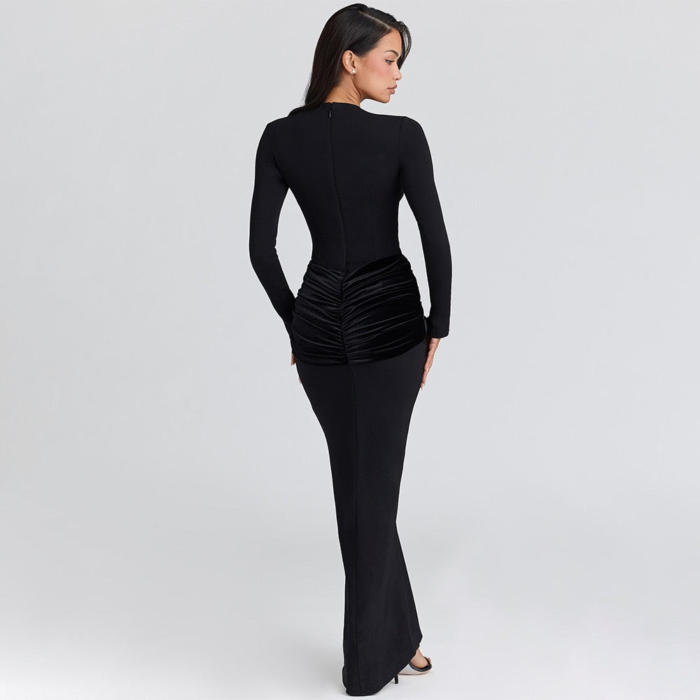 Maxi Dress with Velvet Ruching Decoration - Sela