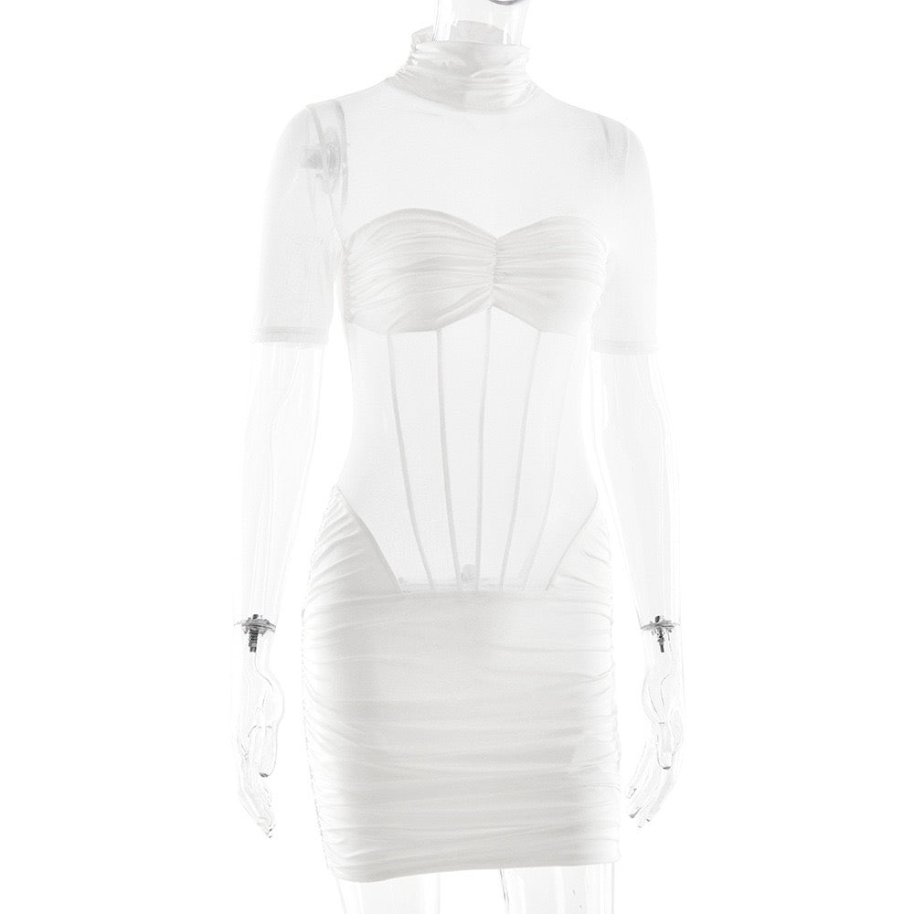 Mini turtleneck dress with pleats and corset design - JUNY