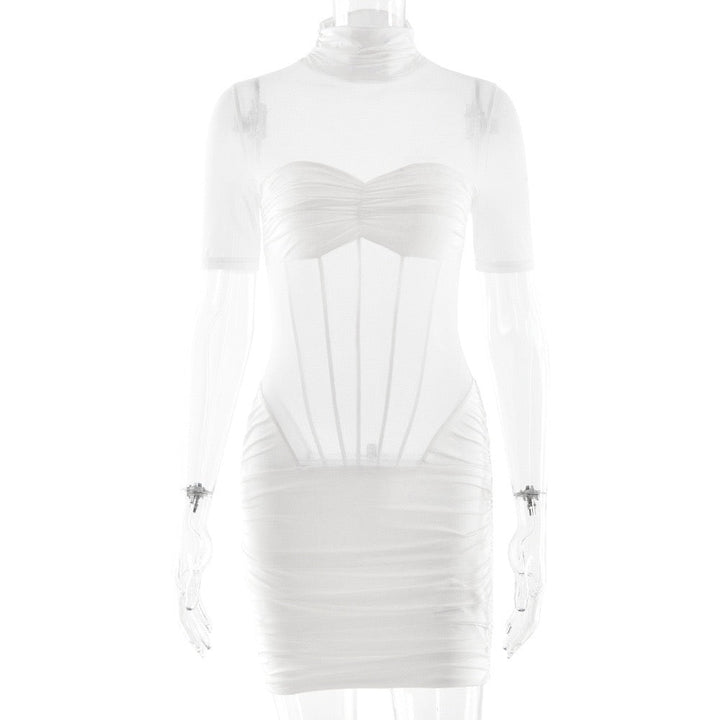 Mini turtleneck dress with pleats and corset design - JUNY