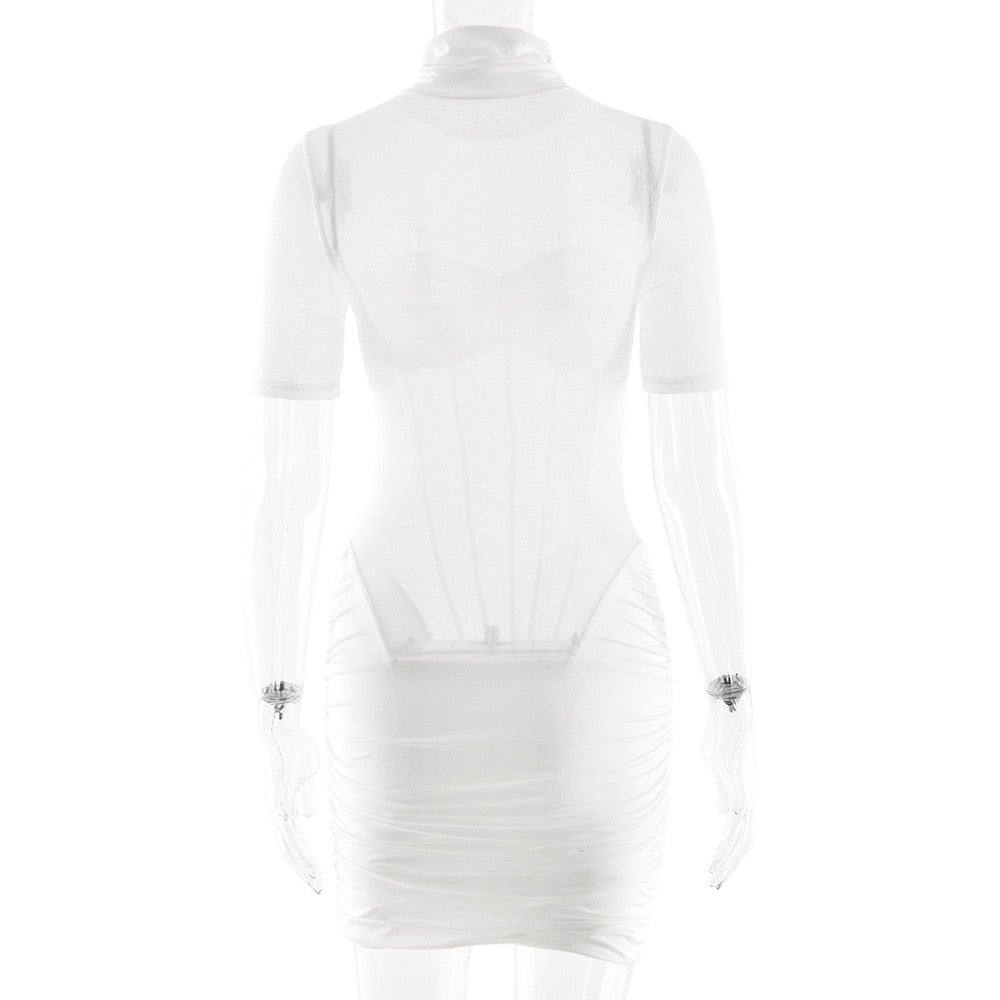 Mini turtleneck dress with pleats and corset design - JUNY