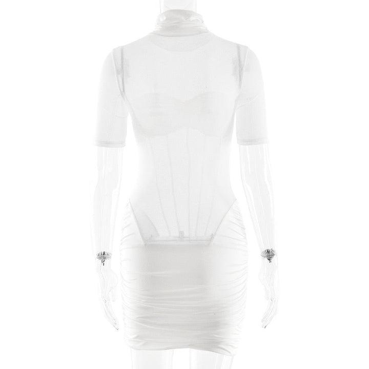 Mini turtleneck dress with pleats and corset design - JUNY