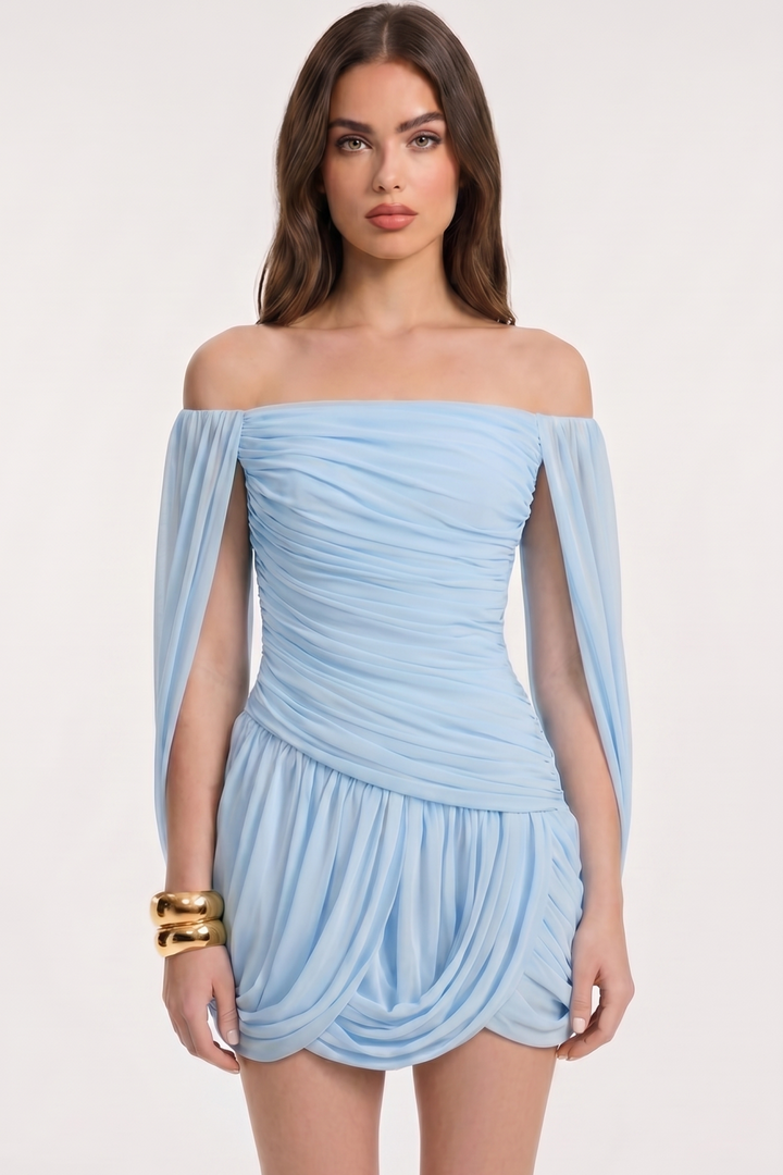 Joella - Pleated chiffon mini dress with exposed shoulders