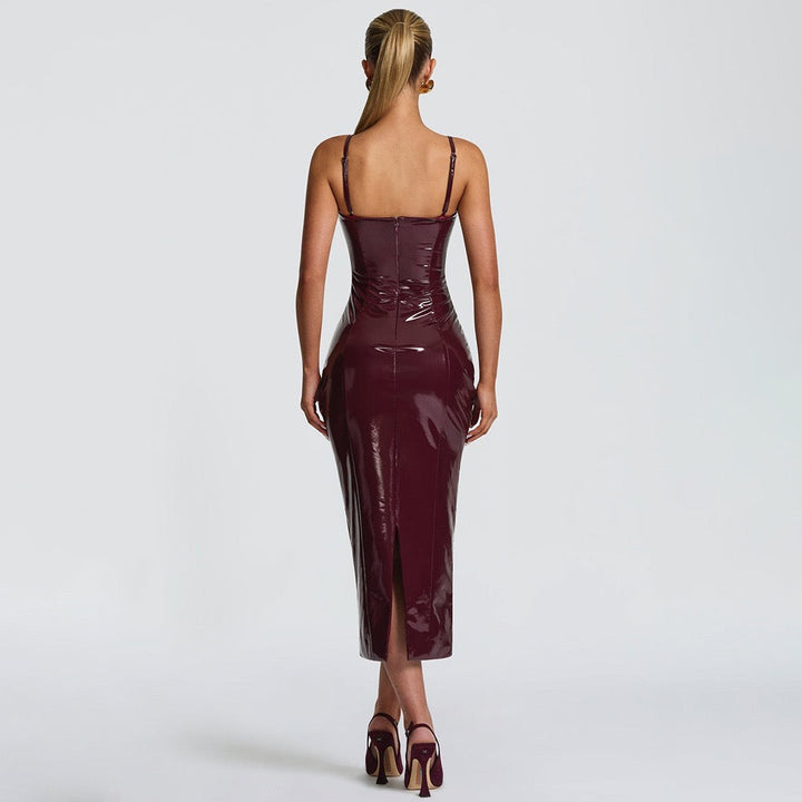 Fitted midi faux leather dress with removable straps - JENNY