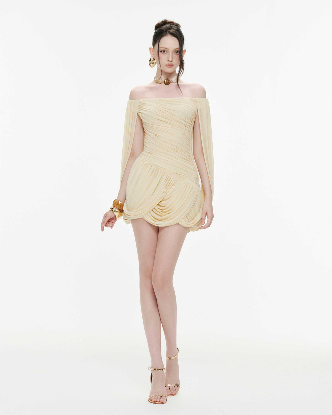 Joella - Pleated chiffon mini dress with exposed shoulders