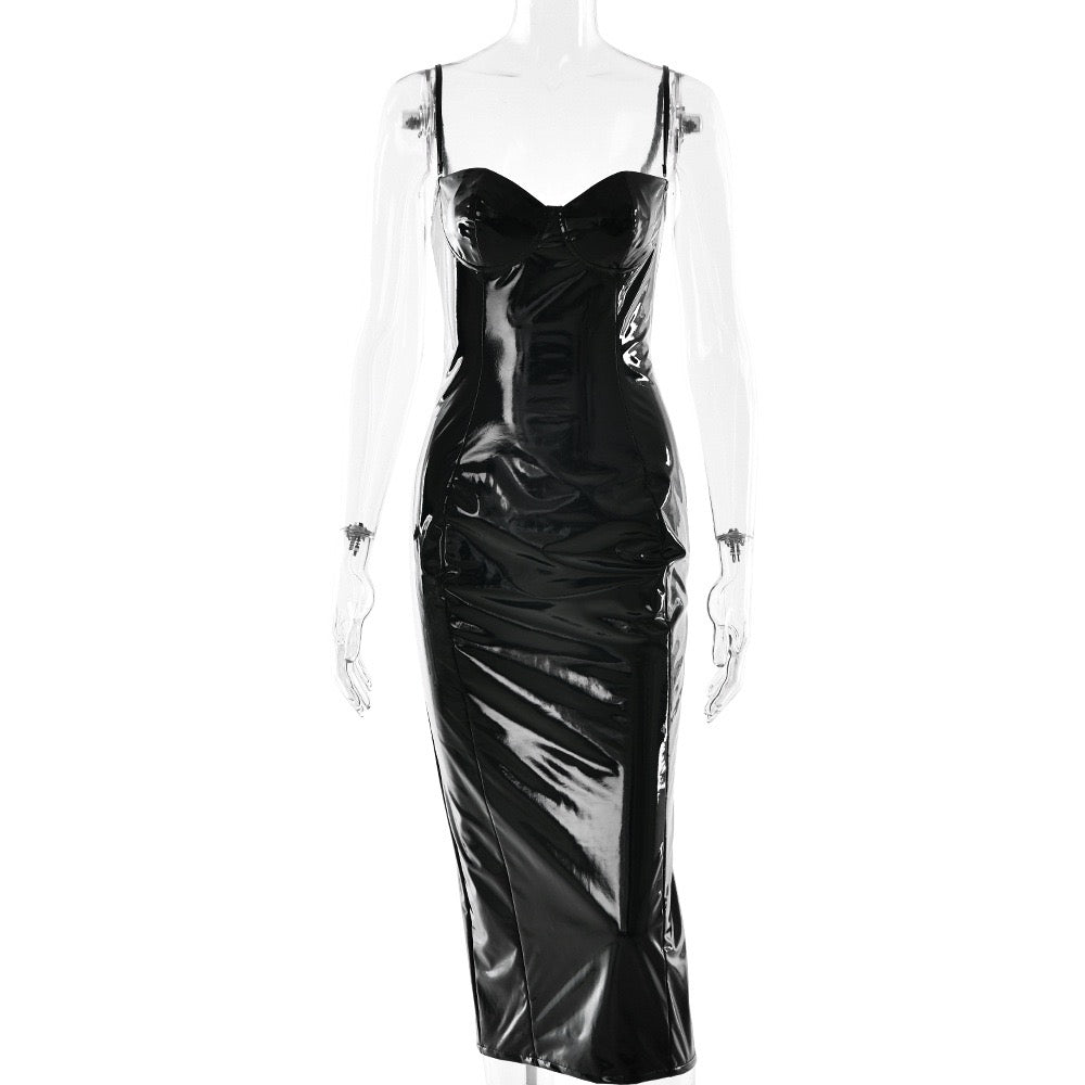 Fitted midi faux leather dress with removable straps - JENNY