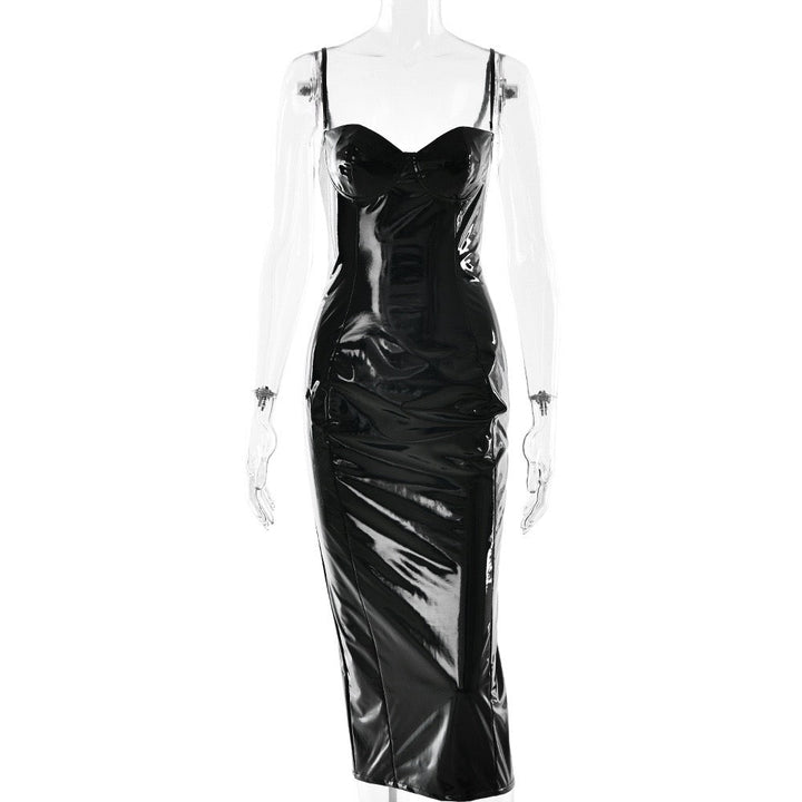 Fitted midi faux leather dress with removable straps - JENNY