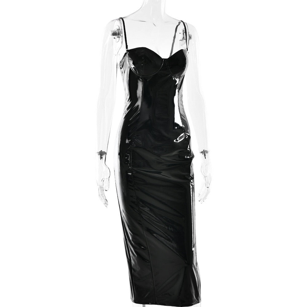 Fitted midi faux leather dress with removable straps - JENNY