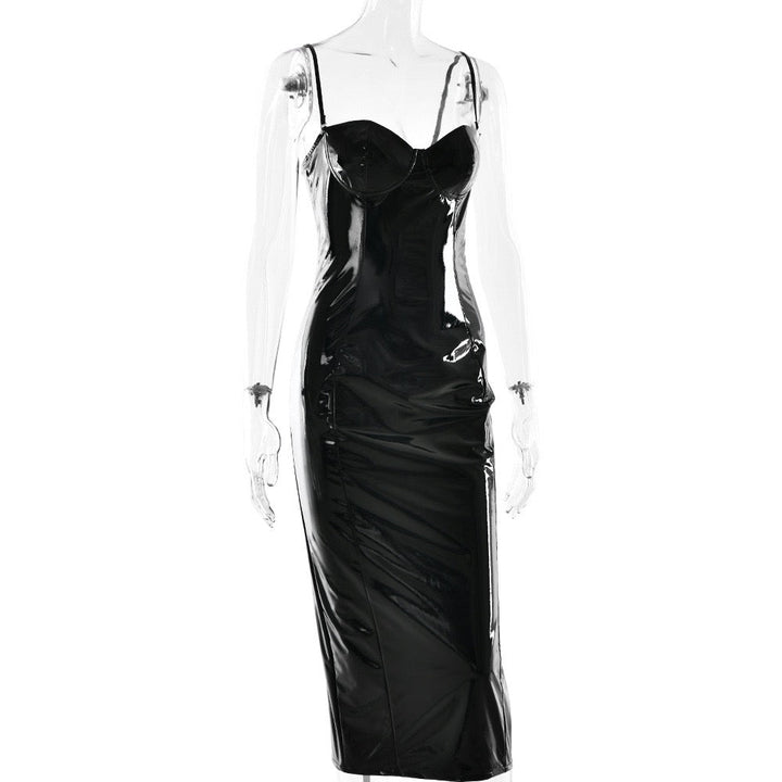 Fitted midi faux leather dress with removable straps - JENNY
