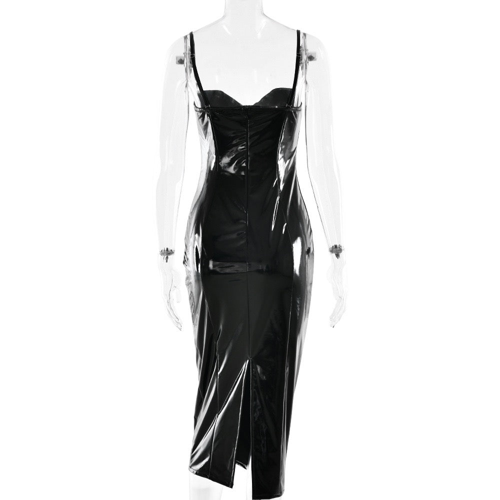 Fitted midi faux leather dress with removable straps - JENNY